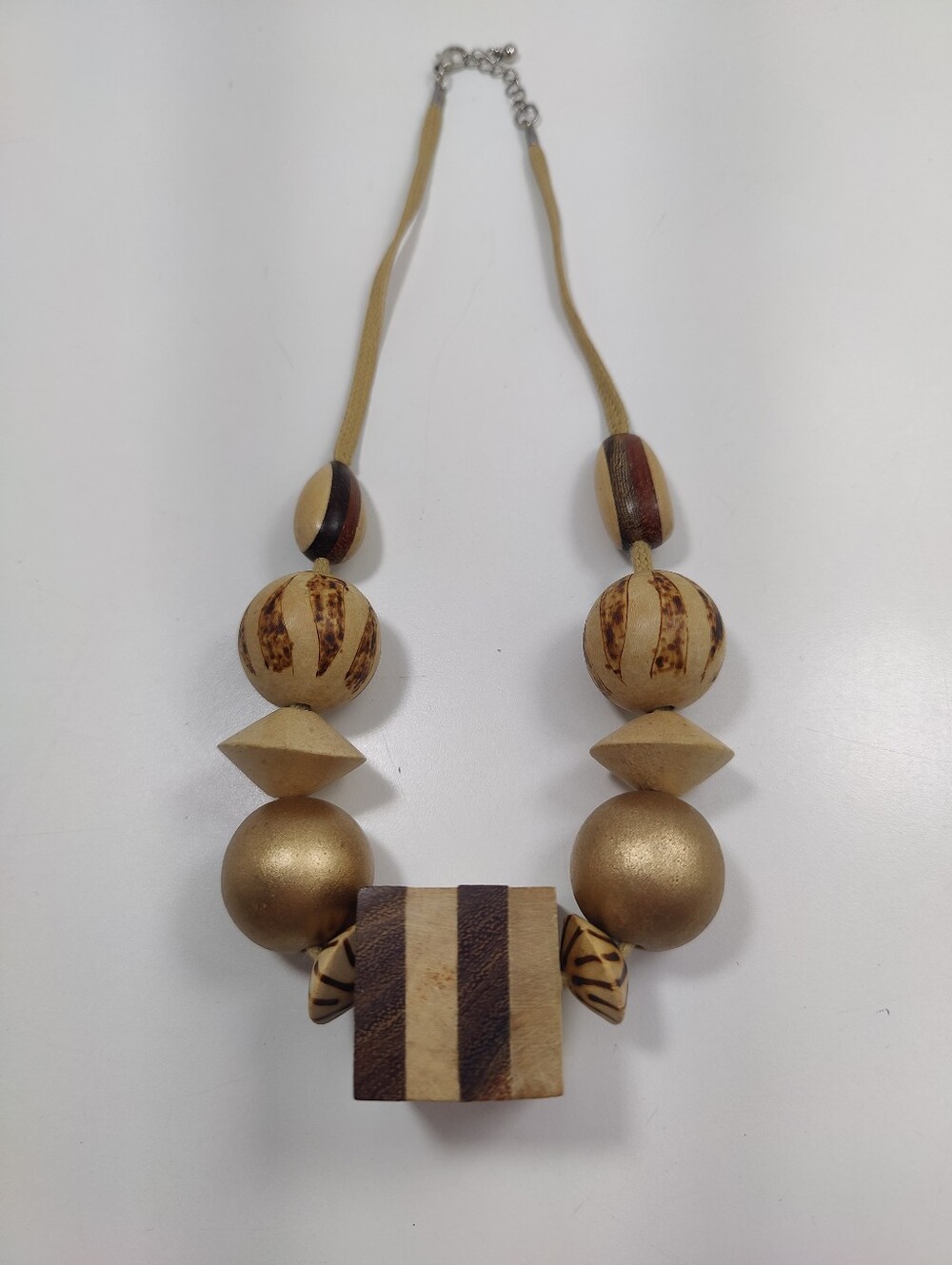 Chunky Wooden Statement Necklace Geometric Beads Gold Brown Boho Tribal Style